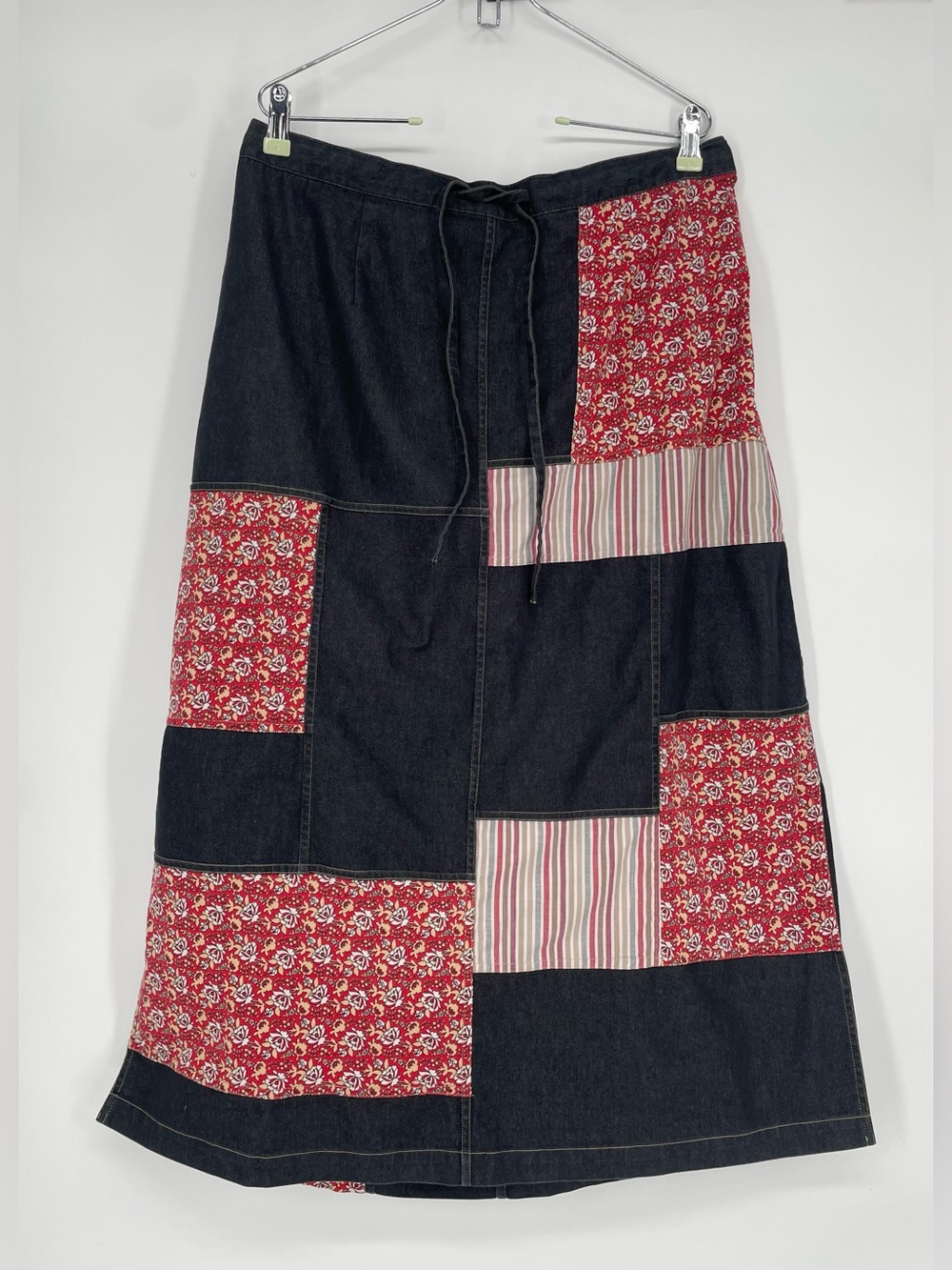 80s 90s Koos Of Course! Patchwork Denim Style Midi Skirt Elastic Waist Cotton